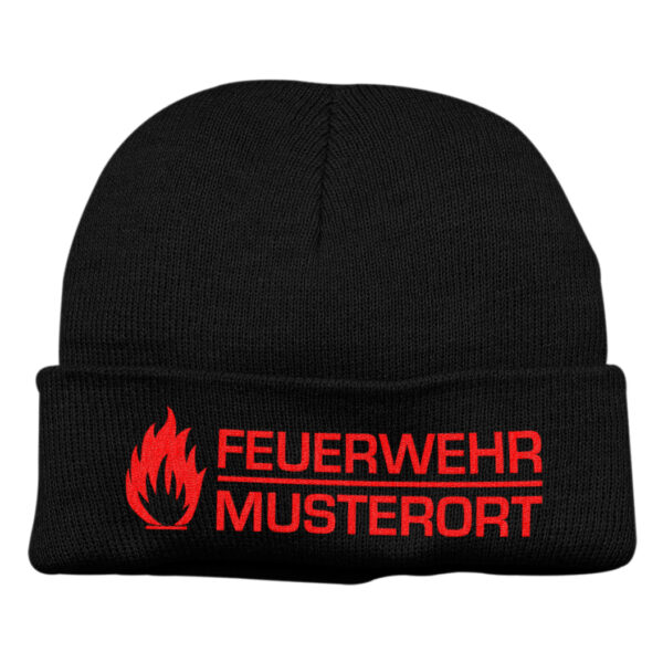 Strickmütze Unisex | Flammen Feuerwehr mit Ortsname Basic Schwarz