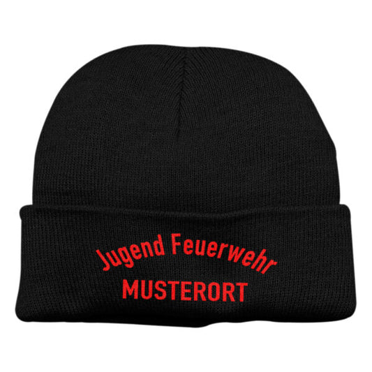 Strickmütze Unisex | Jugendfeuerwehr gebogen mit Ortsname Schwarz